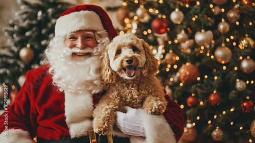Capture a playful dog sitting on Santa Claus’s.