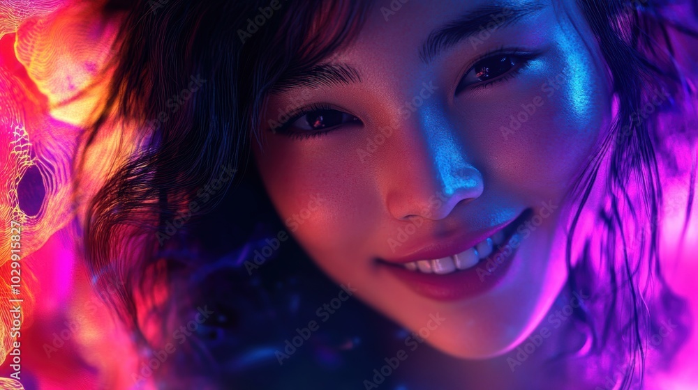 A young Asian woman smiles against a vibrant melted colorful backdrop, radiating joy and positivity. Her natural expression is perfect for projects focusing on happiness and energy. A young Asian woman smiles against a vibrant melted colorful backdrop, radiating joy and positivity. Her natural expression is perfect for projects focusing on happiness and energy.