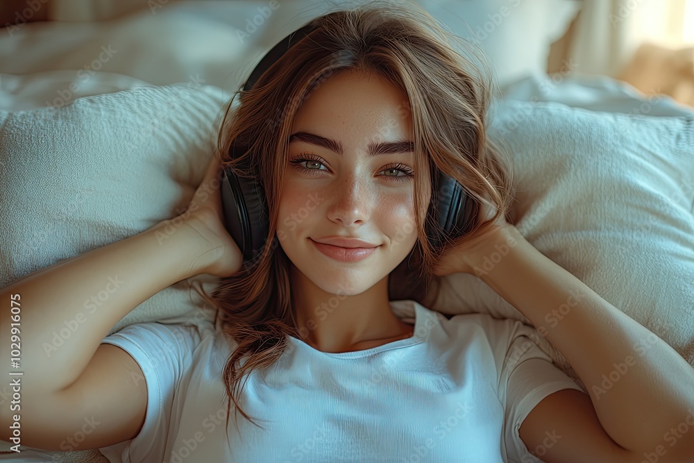Fototapeta premium A happy woman in a white t-shirt listens to music in her bedroom, enjoying her personal time.