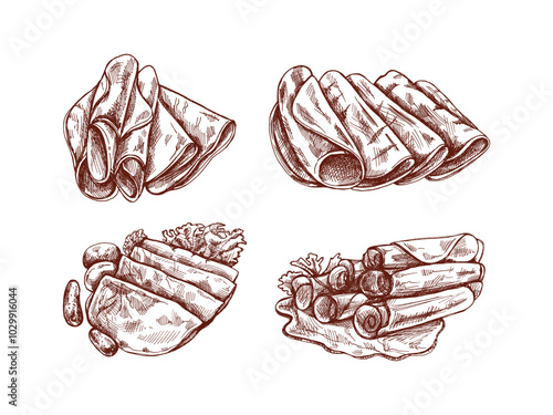 Hand-drawn monochrome vector sketch of  pork meat, ham slice, prosciutto vintage sketch. Butcher shop.