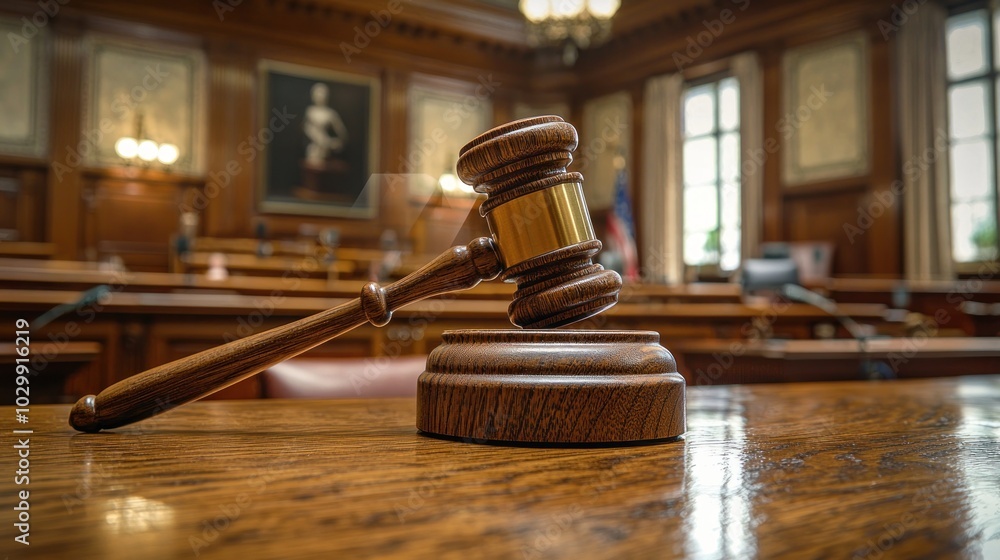 A judge’s hammer (gavel) on a courtroom desk, symbolizing justice. A judge’s hammer (gavel) on a courtroom desk, symbolizing justice.