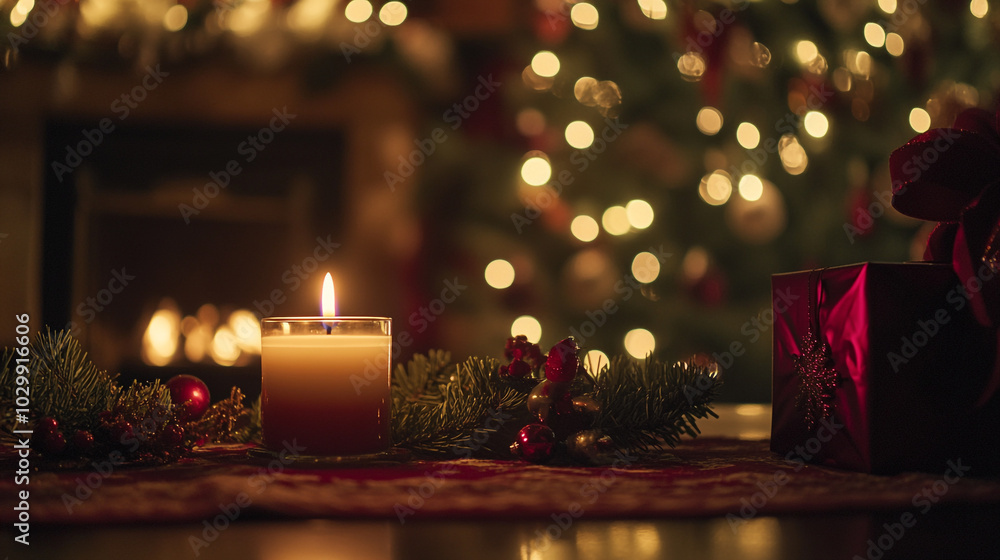 Cozy holiday decorations with a candle, greenery, and a beautifully wrapped gift in a warm setting Cozy holiday decorations with a candle, greenery, and a beautifully wrapped gift in a warm setting