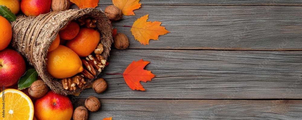 Cornucopia filled with autumn fruits and nuts on wooden background. Cornucopia filled with autumn fruits and nuts on wooden background.