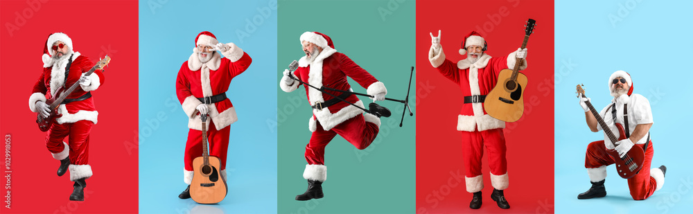 Set of Santa Clauses playing guitar and singing on color background. Christmas music concept Set of Santa Clauses playing guitar and singing on color background. Christmas music concept