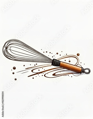 Whisk with wooden handle and chocolate splatters on white background