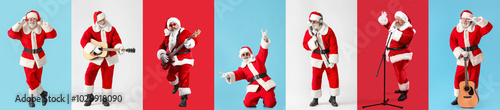 Set of Santa Clauses playing guitar and singing on color background. Christmas music concept