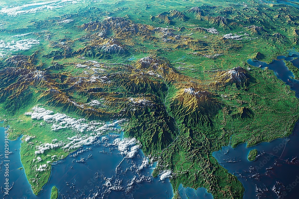 A high-resolution satellite view focuses on East Asia, offering a detailed 3D representation of the region. A high-resolution satellite view focuses on East Asia, offering a detailed 3D representation of the region.