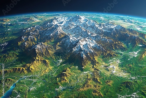 A high-resolution satellite view highlights Asia, including Russia, China, India, and the Himalayas, with detailed 3D imagery. photo