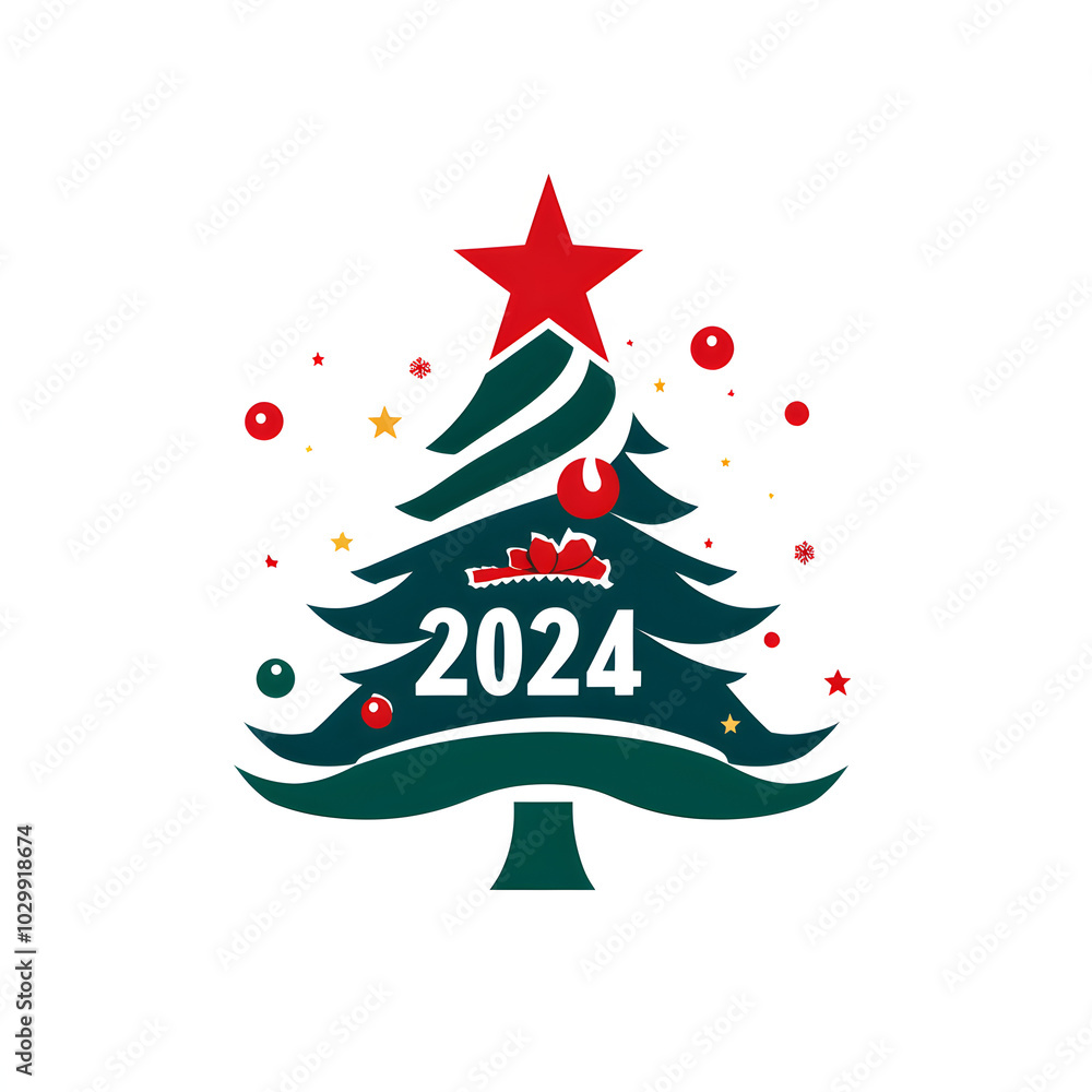 2024 Christmas logo, illustration tree, 
white background copy space for text, Generative Ai 
