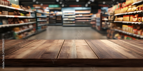 Wooden Plank on Conveyor Belt in Store Aisle with Blurred Merchandise Background photo