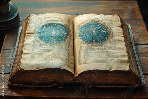 An open antique book with aged pages and celestial maps printed inside, resting on a wooden table. photo