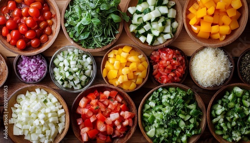 Assorted chopped fresh vegetables in bowls on wooden background.