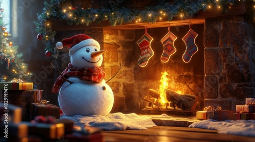 Snowman sitting by a cozy Christmas fireplace, stockings hung above and garlands glowing