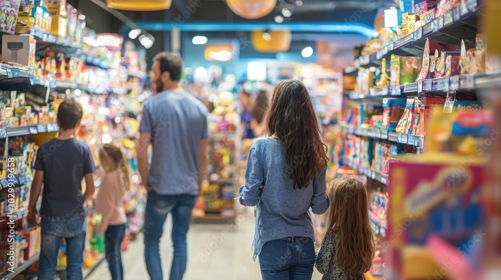 Parents and children browsing through a busy toy store. Parents and children browsing through a busy toy store.