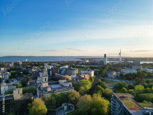 High Angle View of Portsmouth City Centre Located at Beach and Docks of England United Kingdom. Image Was Captured with Drone's Camera on May 15th, 2024.