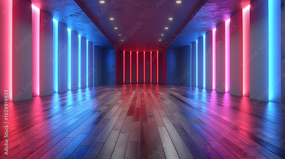 Abstract 3D Background, Neon Lights, Blue and Pink Glow, Wooden Floor Abstract 3D Background, Neon Lights, Blue and Pink Glow, Wooden Floor