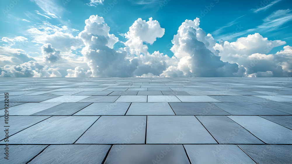 Blue Sky with White Clouds over a Stone Tile Floor Background Blue Sky with White Clouds over a Stone Tile Floor Background