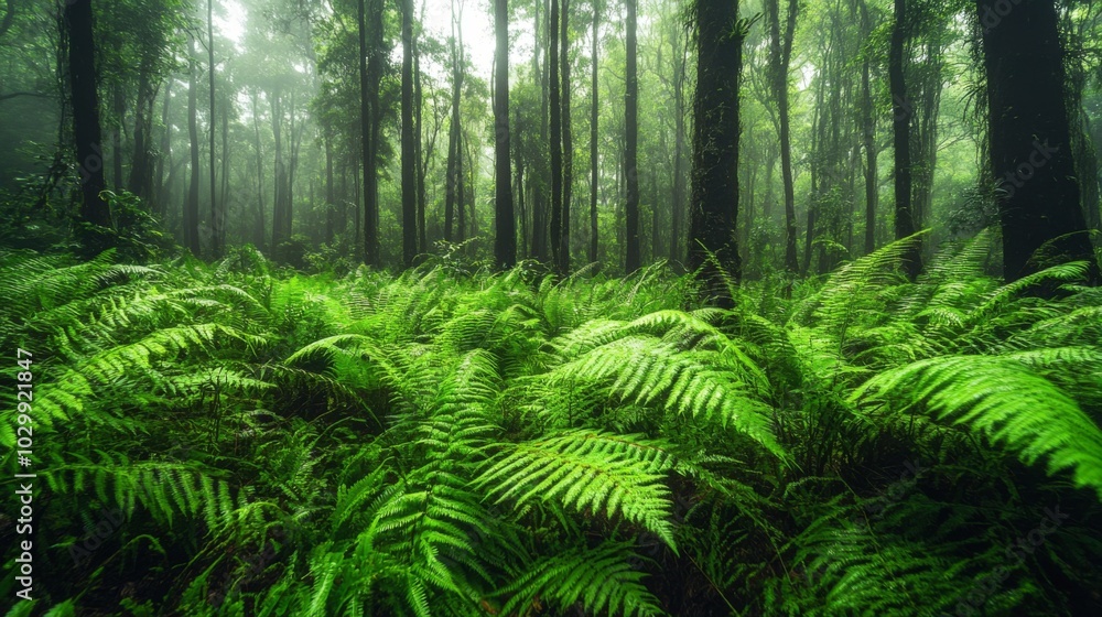 Lush Green Ferns in a Mist-Filled Forest Lush Green Ferns in a Mist-Filled Forest