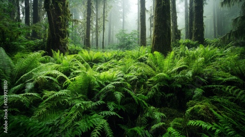 Lush Green Ferns and Moss-Covered Trees in a Foggy Forest