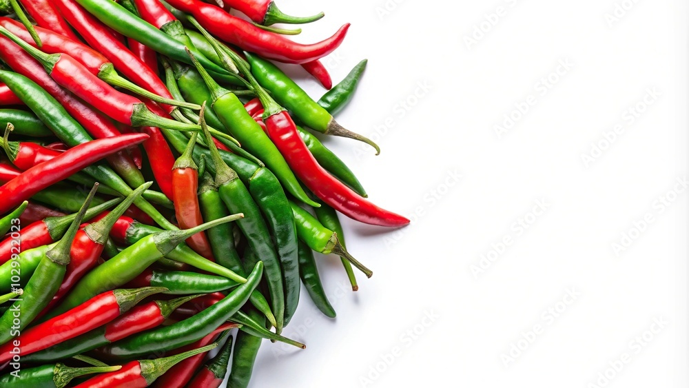 Spicy red and green chilli peppers isolated on white background