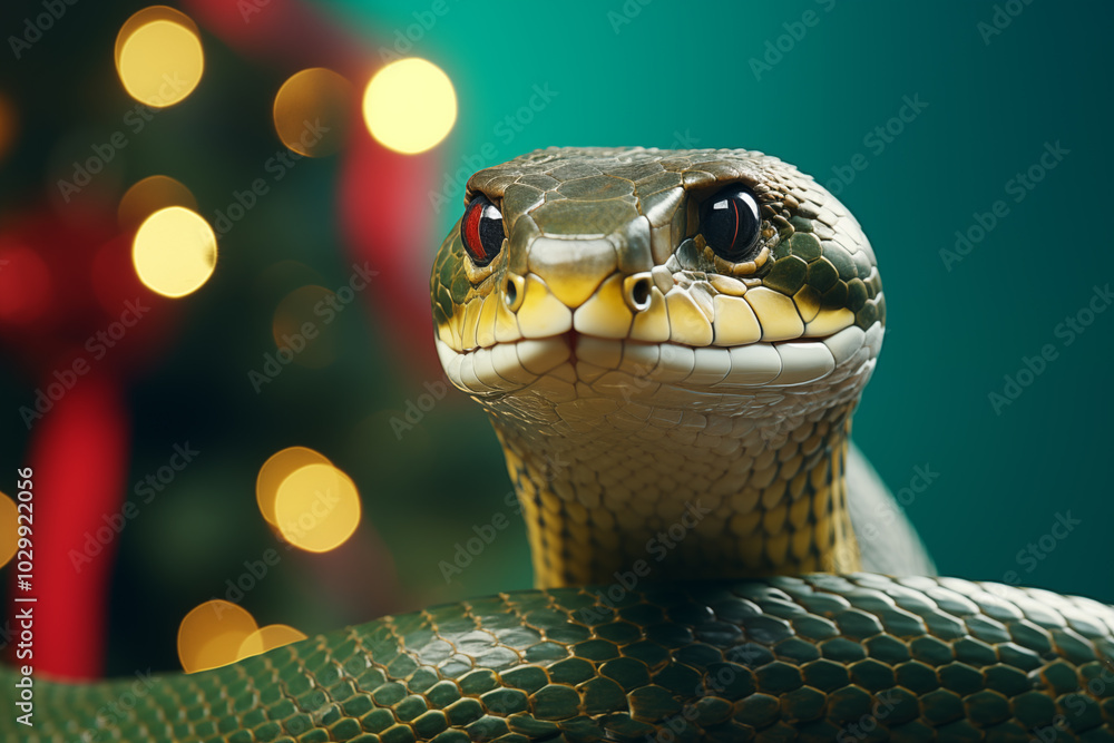 Fototapeta premium Green snake against a bright yellow background, creating a festive holiday mood.