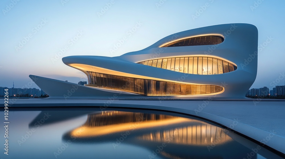 Modern architecture building with a curved facade and reflective pool in front. Modern architecture building with a curved facade and reflective pool in front.