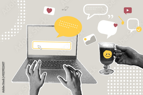 Modern halftone collage. Workspace concept with coffee and laptop, speech bubbles,concept of employee participation, interaction to get solution. Trendy pop art illustration with halftone elements.