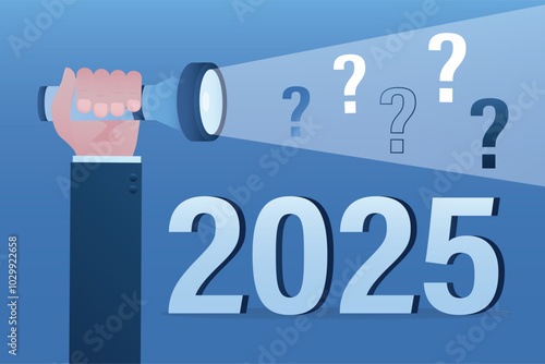 Forecasting and many questions, economic prospects in 2025. Visionary illuminates future. Businessman hand uses flashlight for lighting way and 2025 year.