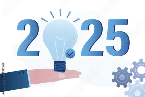 2025 new year with creative inspiration light bulb idea. Businessman hand holding creative glowing light bulb with 2025 word. Pitching ideas, brainstorming