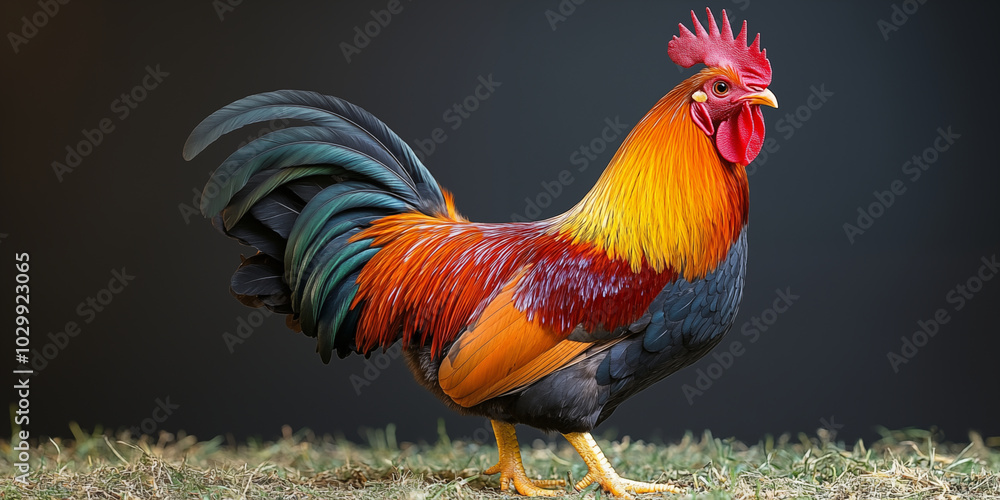 Fototapeta premium Colorful rooster posing on grass, side view against dark background