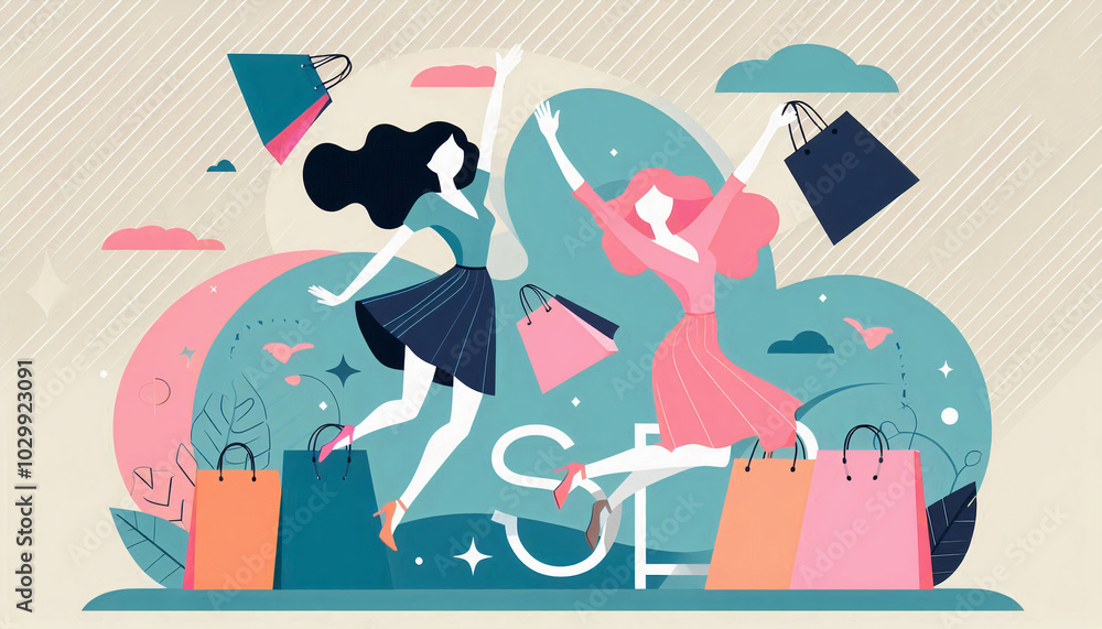 A minimalist illustration of two women jumping joyfully with shopping bags, celebrating sales and shopping fun A minimalist illustration of two women jumping joyfully with shopping bags, celebrating sales and shopping fun