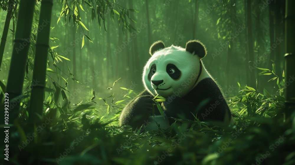 A cute panda bear sits in a bamboo forest, eating bamboo shoots. The sun shines through the leaves, creating a soft, green glow. A cute panda bear sits in a bamboo forest, eating bamboo shoots. The sun shines through the leaves, creating a soft, green glow.