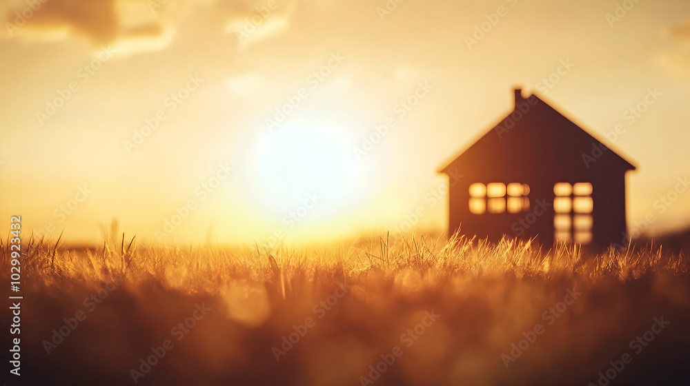 Silhouette of a family at sunset holding house and key cutouts, golden hour, unity and hope symbolized Silhouette of a family at sunset holding house and key cutouts, golden hour, unity and hope symbolized