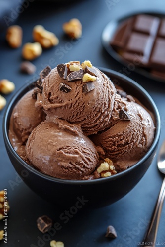 Chocolate ice cream with chocolate chips and walnuts in a black bowl.