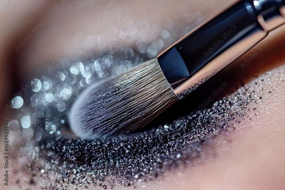Close-up of a Makeup Brush Applying Shimmering Black Eyeshadow Close-up of a Makeup Brush Applying Shimmering Black Eyeshadow