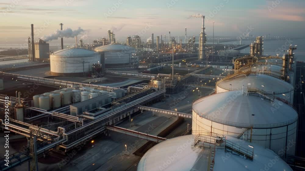 A vast industrial complex with a massive LNG storage tank designed for holding liquified natural gas at low temperatures, showcasing modern energy infrastructure A vast industrial complex with a massive LNG storage tank designed for holding liquified natural gas at low temperatures, showcasing modern energy infrastructure