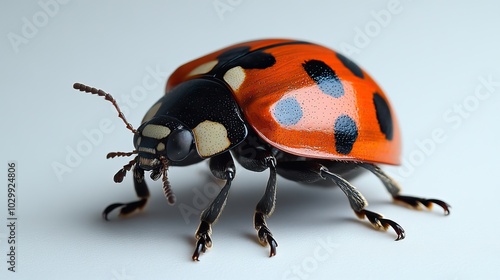 A ladybug perched on a clean, white surface, highlighting its bright red and black colors.