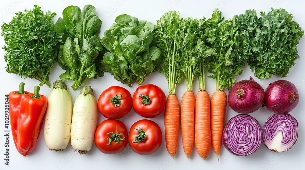 A large set of fresh vegetables is displayed on an isolated background. A large set of fresh vegetables is displayed on an isolated background.