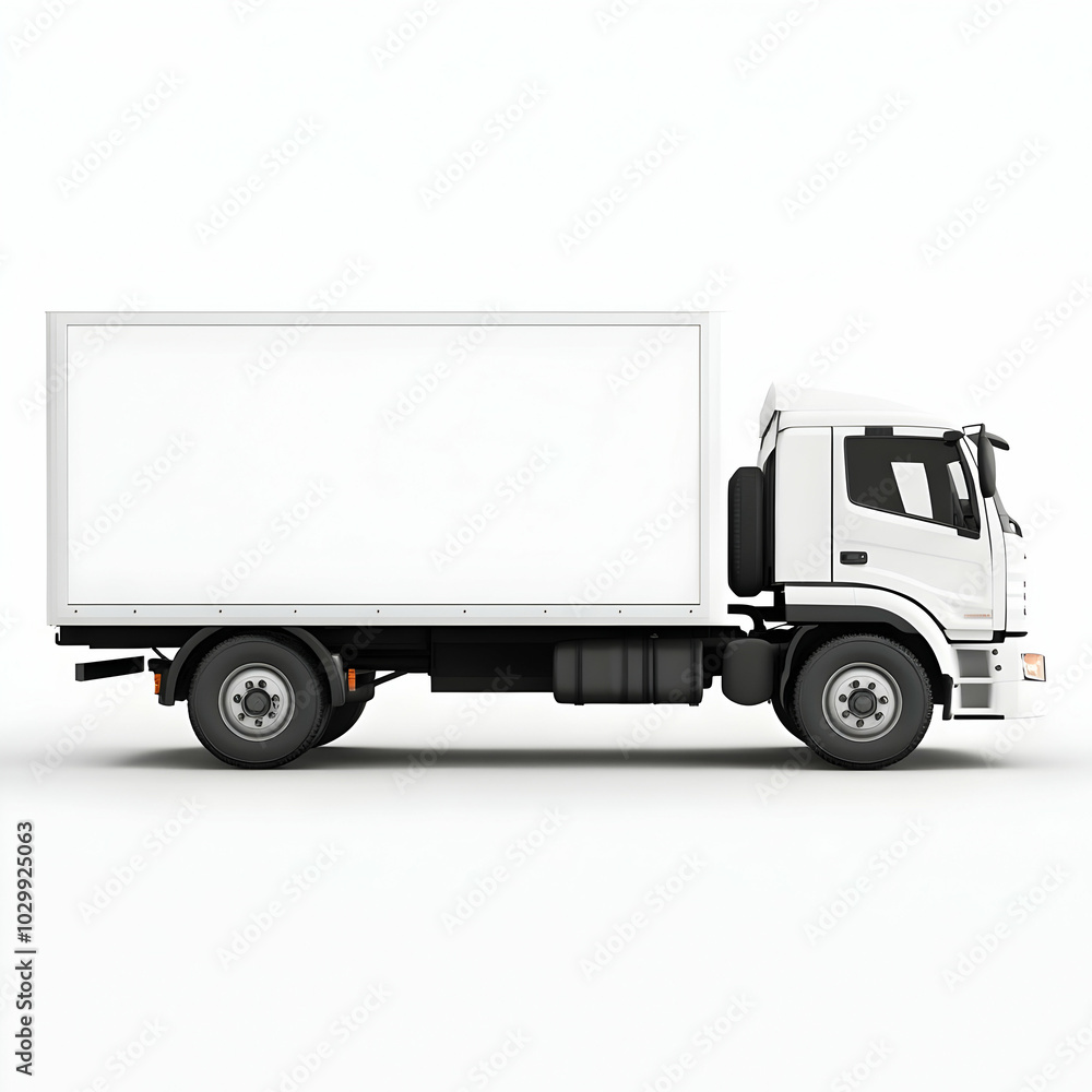 A white delivery truck with a blank box body is isolated on a white background A white delivery truck with a blank box body is isolated on a white background