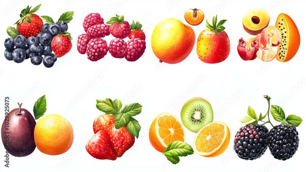 different fruits flying isolated on transparent white background different fruits flying isolated on transparent white background