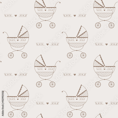 Vector seamless pattern with baby carriages outline. Contours of strollers wallpaper. Repeat texture for kids textile or wrapping paper.