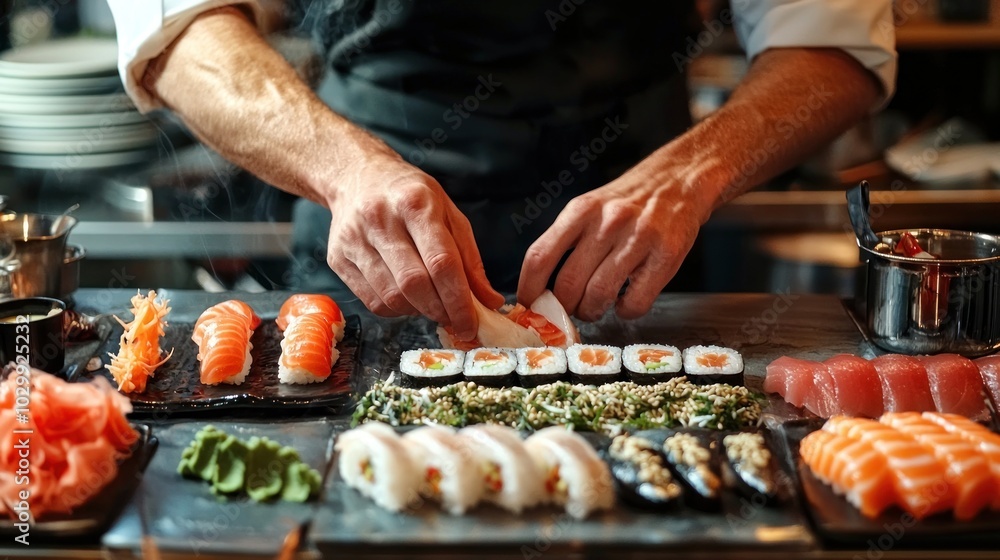 A sushi chef expertly slicing fresh fish and rolling sushi at a counter, with a selection of ingredients laid out. A sushi chef expertly slicing fresh fish and rolling sushi at a counter, with a selection of ingredients laid out.