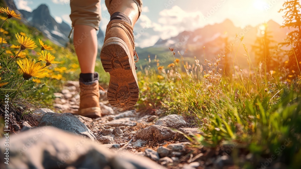 Hiker walking on mountain trail during golden hour Hiker walking on mountain trail during golden hour