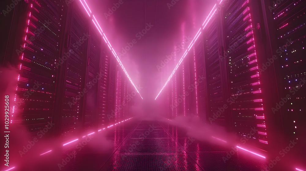 Neon Pink Server Room Corridor 3D Illustration Neon Pink Server Room Corridor 3D Illustration