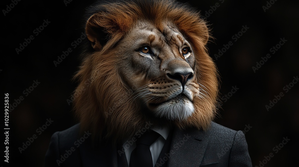 A lion dressed in a sleek, modern suit and tie, exuding confidence in a charismatic fashion portrait. A lion dressed in a sleek, modern suit and tie, exuding confidence in a charismatic fashion portrait.