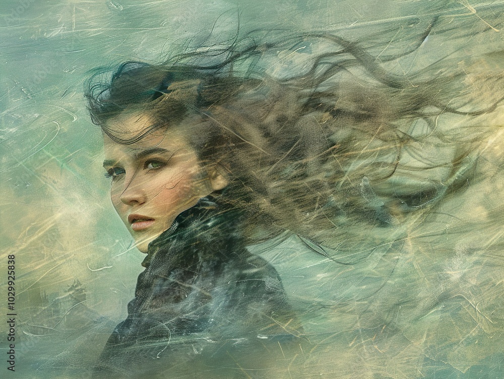 Windswept Woman: A Dreamy Portrait in Green Tones Windswept Woman: A Dreamy Portrait in Green Tones