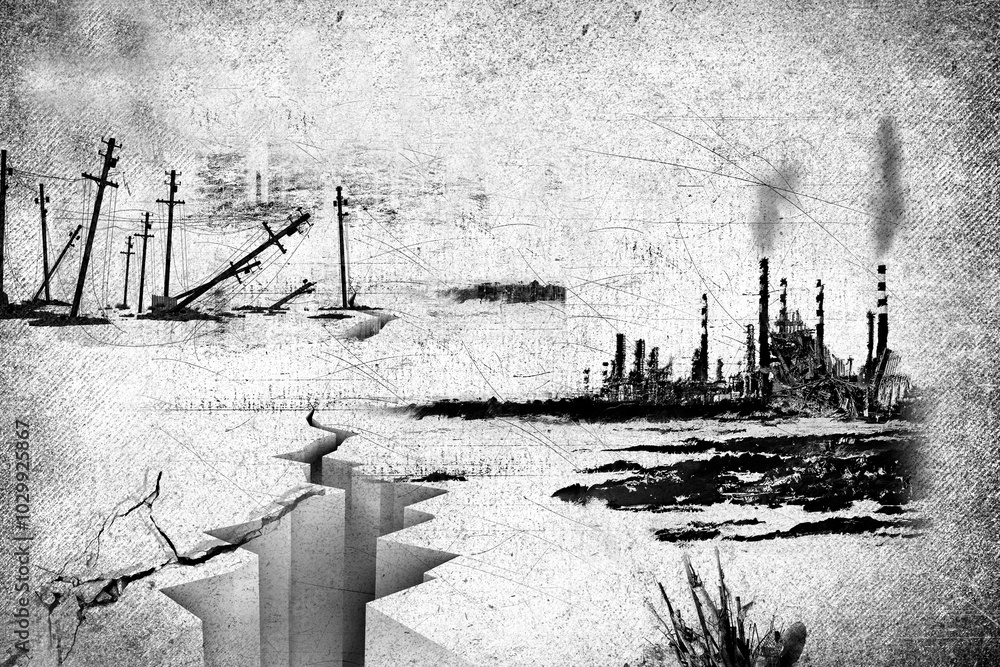 Fototapeta premium Apocalyptic urban landscape with destroyed buildings. Grunge scratch background. Creative illustration