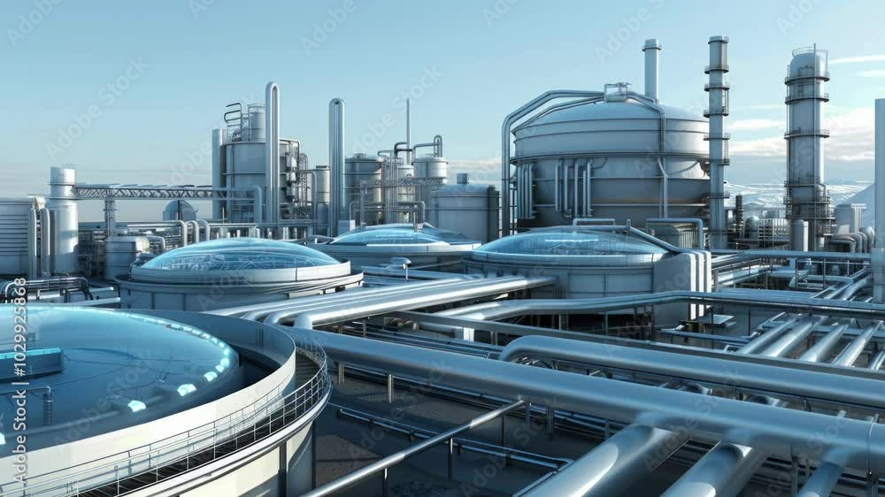 A vast industrial complex with a massive LNG storage tank designed for holding liquified natural gas at low temperatures, showcasing modern energy infrastructure A vast industrial complex with a massive LNG storage tank designed for holding liquified natural gas at low temperatures, showcasing modern energy infrastructure