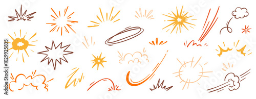 Comic cartoon boom speed effect, explosive motion line element set. Comic boom burst, explosive smoke, line speed cartoon vector icon. Hand drawn sketch doodle action effect. Vector illustration..