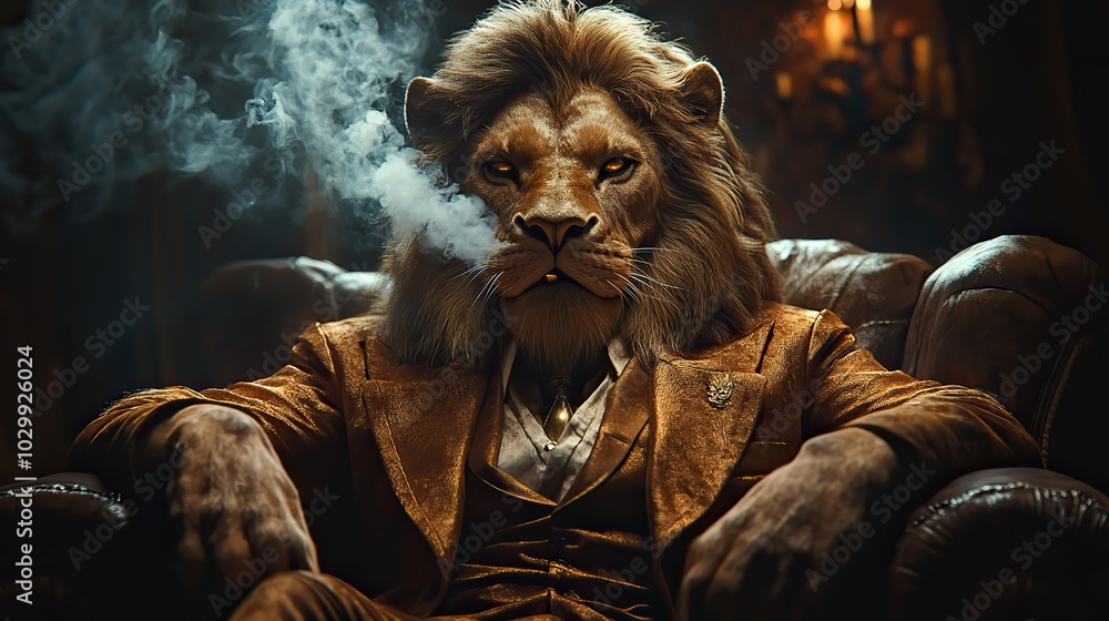 Naklejka premium A lion in a refined suit, smoking a cigarette, portraying a commanding presence and leadership.